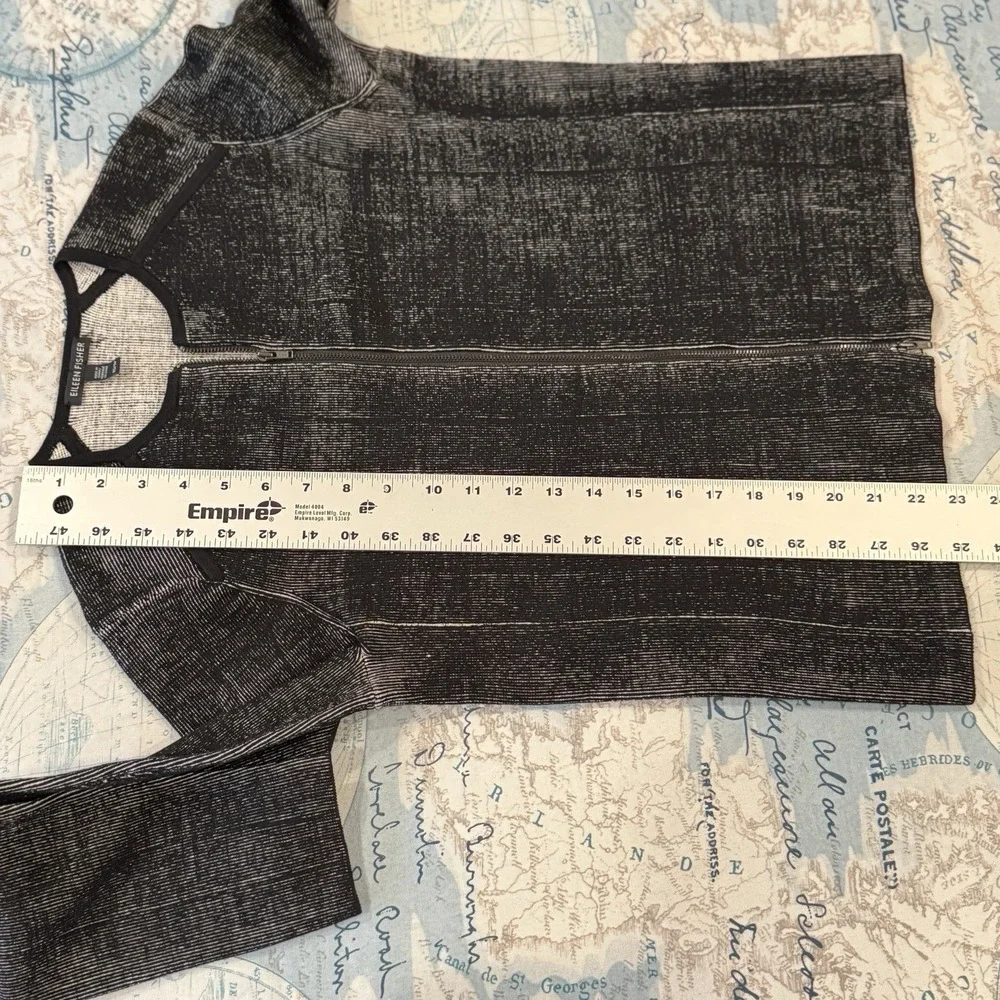 Eileen Fisher Black White Marled Knit Full Zip Collarless Jacket XS Professional